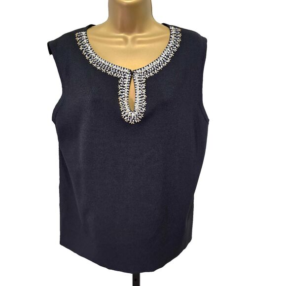 Sleeveless Shell Sweater Womens 1X Plus Black Beaded Quiet Luxury Holiday Glam - Picture 1 of 8